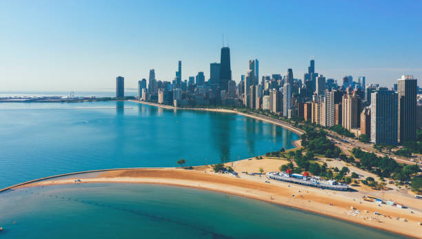 istock Aerial view of Chicago skyline IL at sunset 1210105794