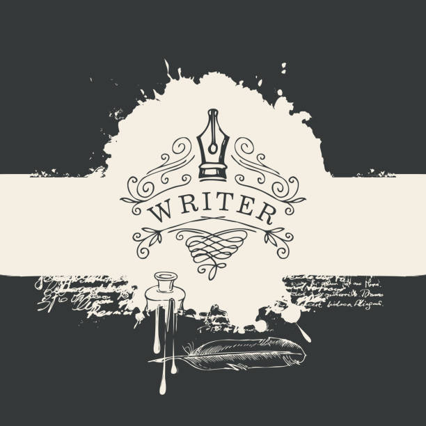 banner with writers logo on abstract background Vector banner with vignette or logo for writer on the background of abstract spots in retro style. Artistic black and white illustration with nib, curlicues, feather, blots and splashes. poet stock illustrations