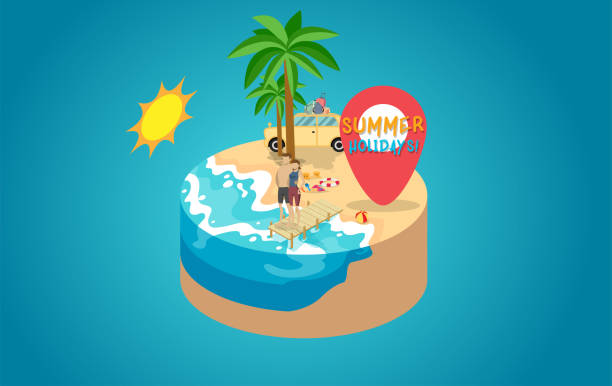 istock Summertime travel beach vacation flat 3d web isometric infographic tourism concept vector template. open suitcase with seashore hippie van surfer young girls in bikini. creative people collection. 1210112096