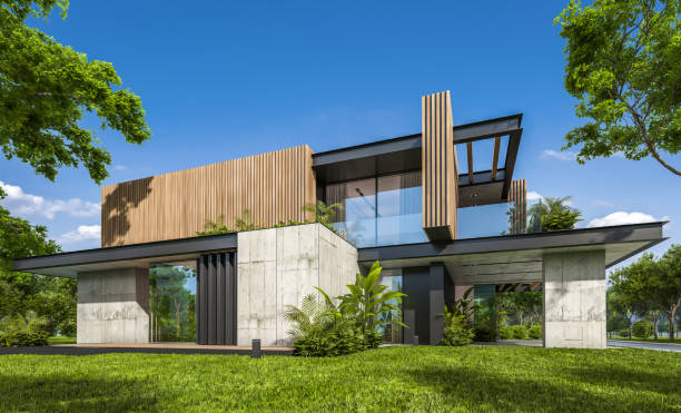 istock 3d rendering of modern house with wood plank facade 1210112298