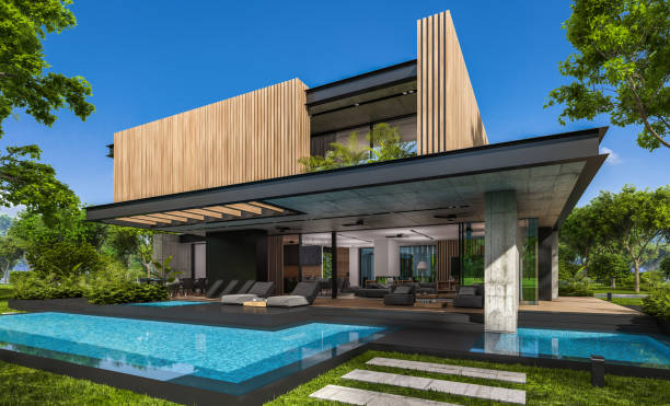 istock 3d rendering of modern house with wood plank facade 1210112299