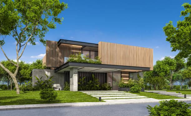 istock 3d rendering of modern house with wood plank facade 1210112302