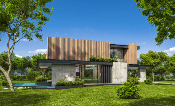 istock 3d rendering of modern house with wood plank facade 1210112323