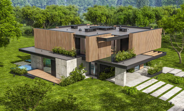 istock 3d rendering of modern house with wood plank facade 1210112326