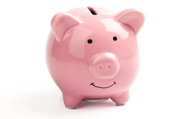 cute pink ceramic piggy Bank isolated on white background
