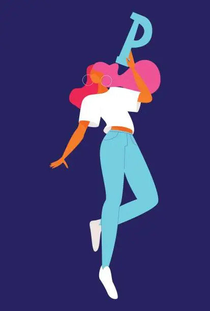 Vector illustration of Isolated on dark blue background woman character with letter P holding in hands and dancing