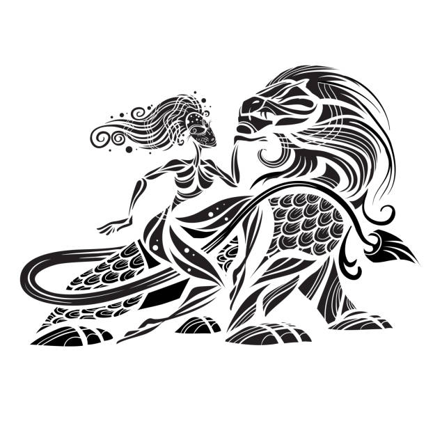 beauty and the beast stylized drawing of a woman and a lion, engraving, tattoo, logo, isolated object on a white background, vector domestic cat greece stock illustrations