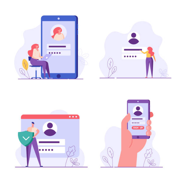 kuvapankkikuvitukset aiheesta ihmiset rekisteröivät online-setin. rekisteröi tai rekisteröi käyttöliittymä. käyttäjät käyttävät suojattua kirjautumista ja salasanaa. online-rekisteröinnin, rekisteröitymisen, käyttöliittymän kerääminen. käyttöliittymän vektorikuva - ilmoittautumislomake