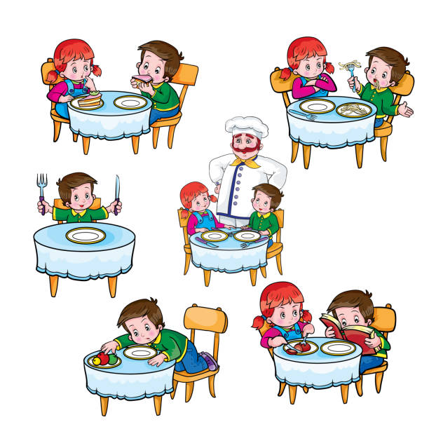 repast Pset, children sit at the table, rules of conduct, prolichi, isolated object on a white background, vector illustration stuck in room stock illustrations