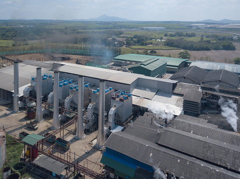 Aerial shot of part of a sugar producing plant.