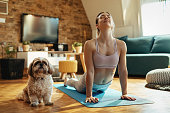 Relaxed woman with dog practicing Yoga in cobra pose at home.