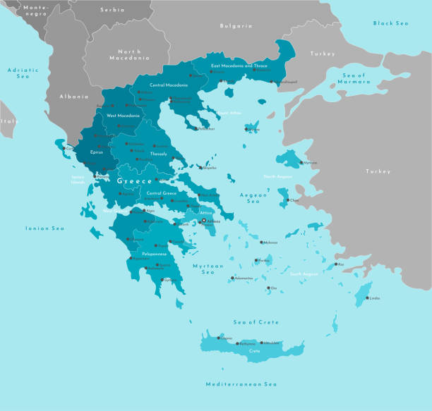 illustrations, cliparts, dessins animés et icônes de illustration moderne de vecteur. carte administrative simplifiée de la grèce (république hellénique). frontière avec les états les plus proches (bulgarie, turquie, etc.). fond bleu des mers. noms des villes et des régions. - mer egee