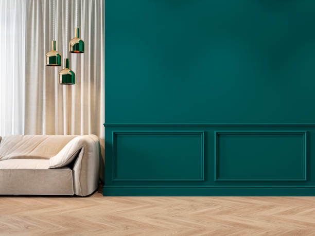 istock Modern classic green interior with moldings, sofa, lamps, curtains and wood floor. 3d render illustration mock up. 1210123093