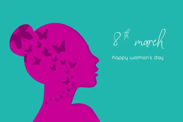 Vector illustration of Happy Women's Day 8th March, beautiful girl face. Horizontal card format for web banner or header. vector illustration