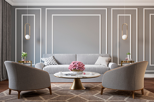 Classic gray interior with armchairs, sofa, coffee table, lamps, flowers and wall moldings. 3d render illustration mockup.