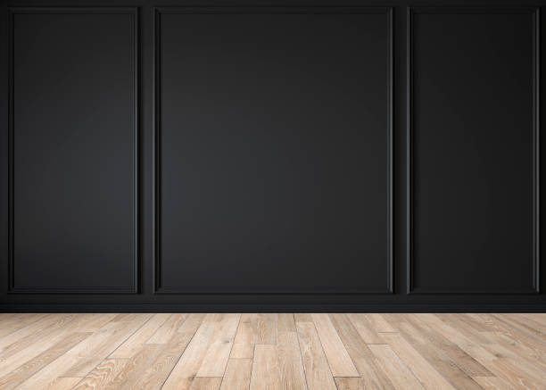 istock Modern classic black matte blank wall, molding, empty interior with wall panels and wooden floor. 3d render illustration mock up. 1210123827