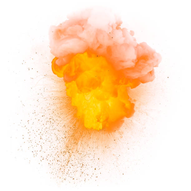 esplosione realistica di bombe infuocata con scintille e fumo isolato su sfondo bianco - napalm foto e immagini stock