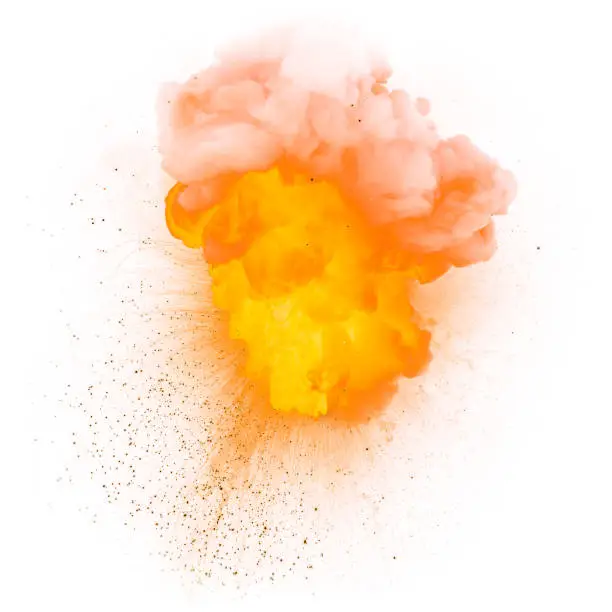 Realistic fiery explosion with sparks over a white background