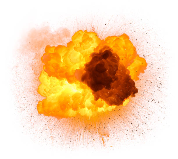 istock Realistic fiery bomb explosion with sparks and smoke isolated on white background 1210125729