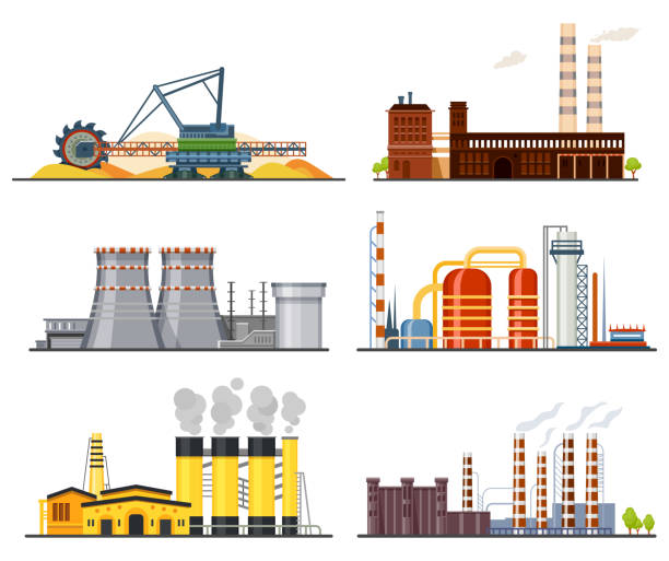 фабрики или промышленные предприятия, тяжелая промышленность - architecture chimney coal electricity stock illustrations