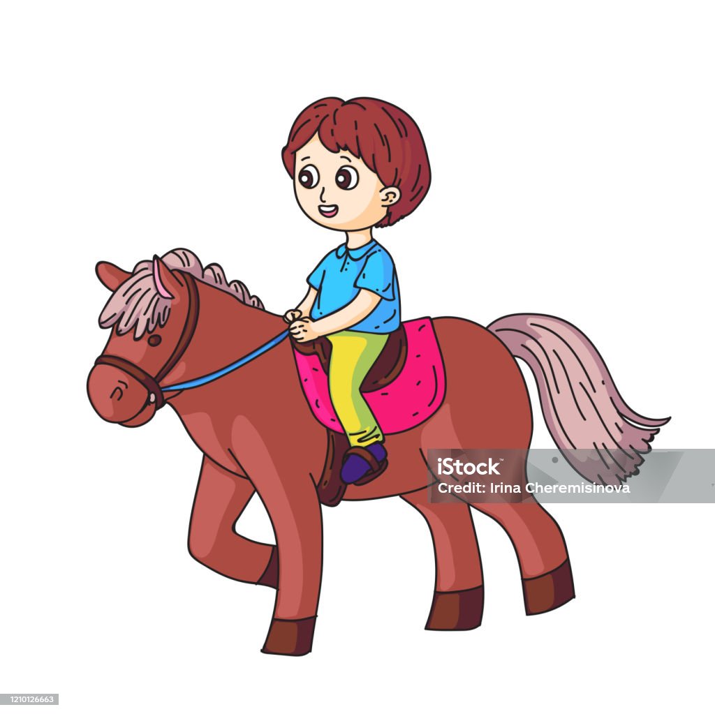 Cậu Bé Mỉm Cười Cưỡi Ngựa Bị Cô Lập Trên Màu Trắng Hình minh họa ...
