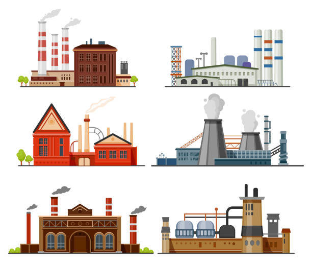 промышленный завод, нефтеперерабатывающий завод, производство - architecture chimney coal electricity stock illustrations