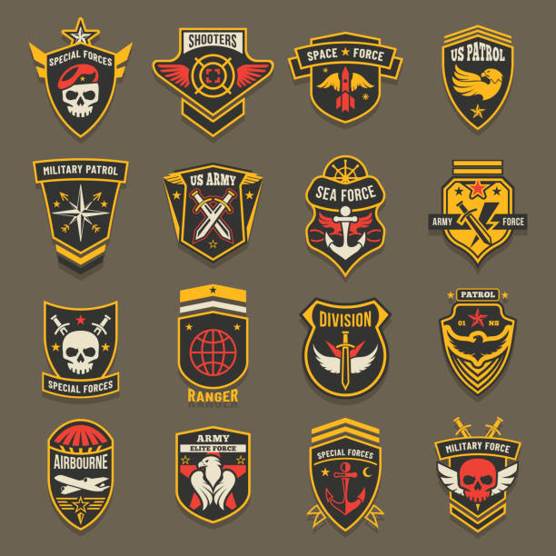 Military army chevrons, US patrol aviation forces US army chevrons, military emblems, marine and air forces vector badges. Military navy patrol squad, sea and space elite forces, aviation rangers and airborne shooters division badges military stock illustrations