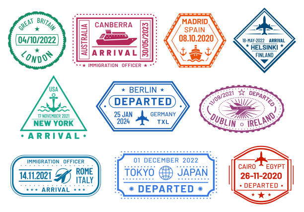 istock Passport visa stamps set, arrival and departure 1210126881