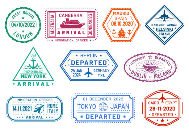 Passport visa stamps set, arrival and departure Passport visa stamps, vector immigration border control, airport arrival and departure. Passport stamps to Germany Berlin, USA New York, Japan Tokyo and Canberra Australia, Madrid Spain and UK London airport borders stock illustrations