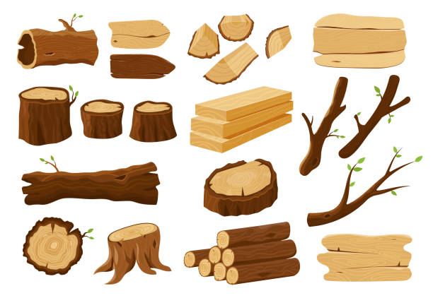 Wooden elements, lumber wood logs and tree trunks Wood logs, tree stumps and lumber wooden elements, vector icons set. Tree log trunks, wood plank boards, timber bars, firewood sections and wooden signage, forestry and woodwork construction woodland stock illustrations