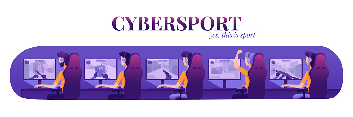 Cyber sport. E-sports gaming. People wearing headset sitting at computer participating in live streaming game match. Man and woman playing online. Promotion header banner template. Vector illustration