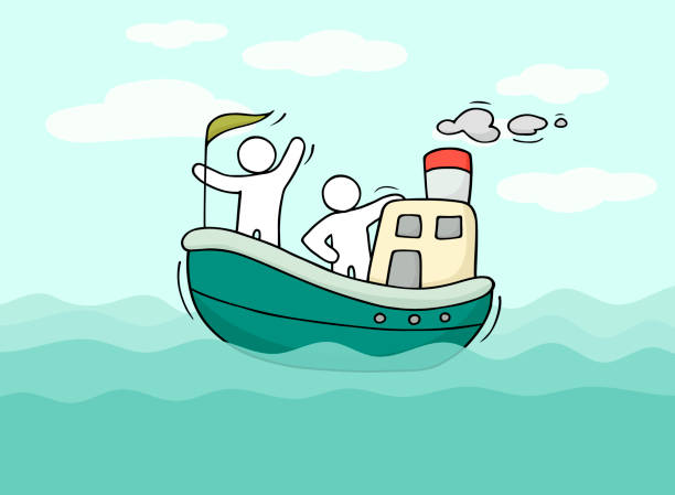 ilustrações de stock, clip art, desenhos animados e ícones de sketch of little men sail by boat. - star nautical vessel one person direction