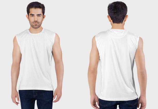 istock Front and rear view of man wearing plain white sleeveless shirt on isolated background 1210129544