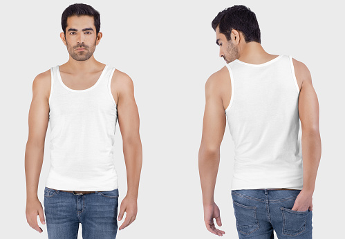 Front and rear view of man wearing plain white tank top shirt on isolated background