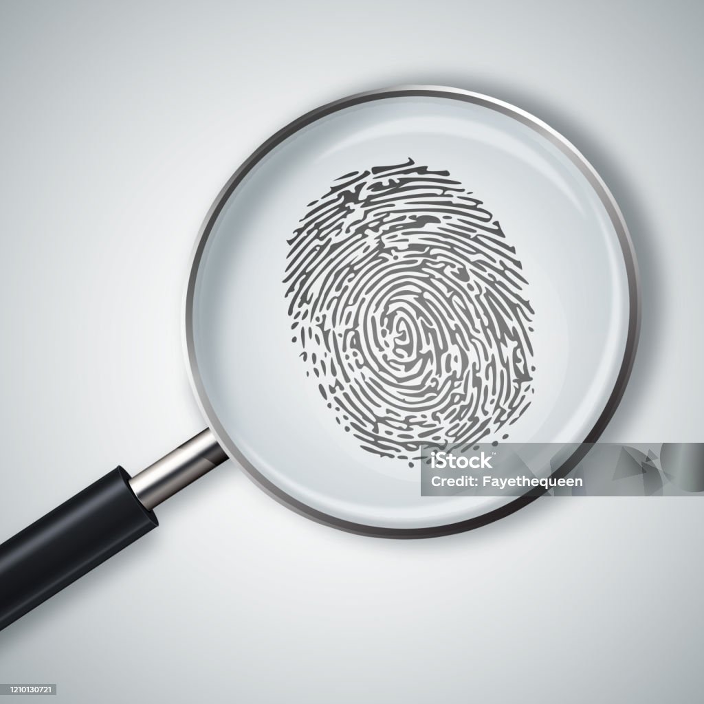 Magnifying glass with finger print isolated on white background. Magnifying glass with finger print isolated on white background. Fingerprint under a magnifier. Illustration stock Fingerprint Stock Photo