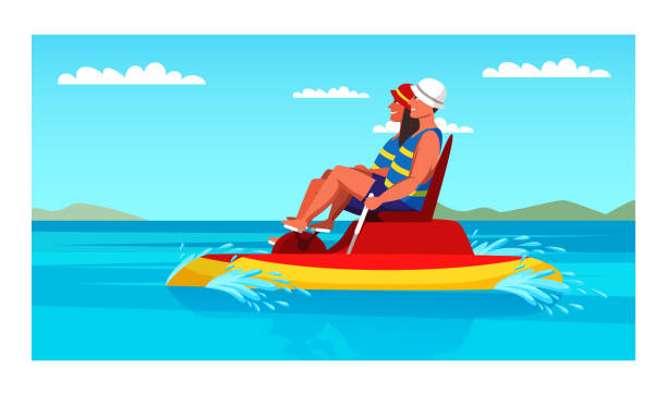 Happy man and woman couple riding foot pedal boat Happy man and woman couple riding foot pedal boat. Cartoon family characters driving pedal-operated vehicle. Water amusement on summer vacation. Tourism. Relaxation and rest. Vector flat illustration paddleboat stock illustrations