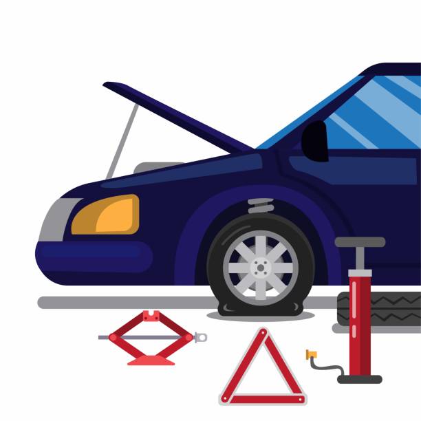 автомобильная авария, ровное колесо. изменение шины с аварийным набором инструментов в мультфильме плоский вектор иллюстрации изолирован� - спущенное колесо stock illustrations