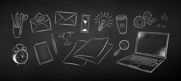 Vector black and white chalk drawn illustration set of office supplies on chalkboard background.