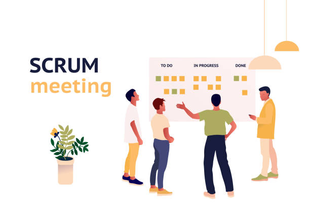 Stand-up meeting vector illustration. Scrum master with team. Stand-up meeting vector illustration. Agile and scrum methodology. Scrum master with developer team. Kanban whiteboard with stickers. Trendy flat style illustration. scrum stock illustrations