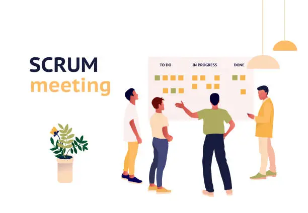 Vector illustration of Stand-up meeting vector illustration. Scrum master with team.