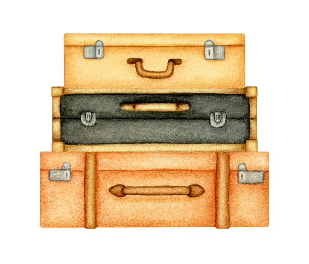 ilustraciones, imágenes clip art, dibujos animados e iconos de stock de equipaje pintado a mano elemento clipart acuarela aislado sobre fondo blanco - briefcase luggage brown black
