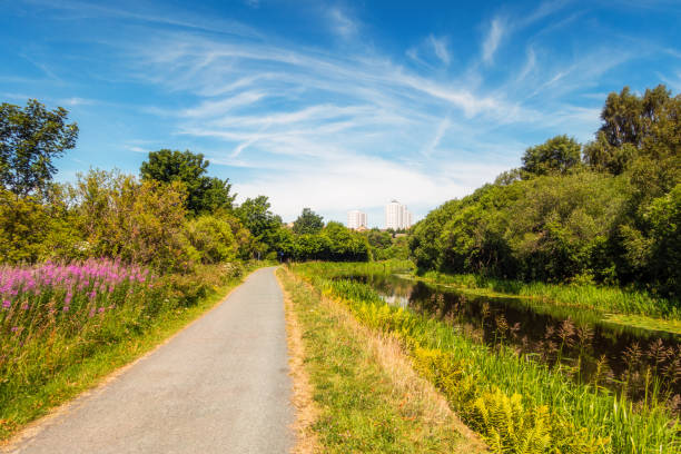 A sunny day on the canal in Glasgow, with an open canal path leading into the distance.