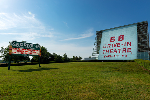 Carthage, Missouri, USA - July 6, 2014: The billboard of the 66 Drive-In along the historic route 66 in the city of Carthage, in the State of Missouri, USA.