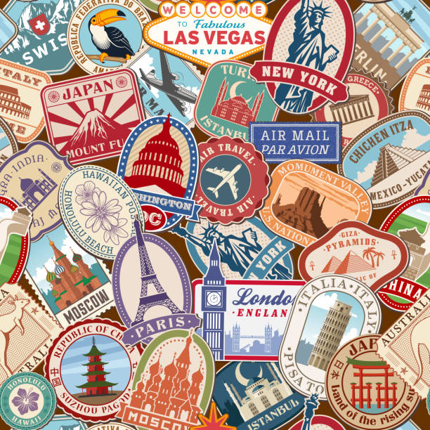 Travel pattern. Immigration stamps stickers with historical cultural objects travelling visa immigration vector textile seamless design Travel pattern. Immigration stamps stickers with historical cultural objects travelling visa immigration vector textile seamless design london fashion stock illustrations