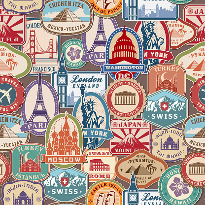 Travel pattern. Immigration stamps stickers with historical cultural objects travelling visa immigration vector textile seamless design