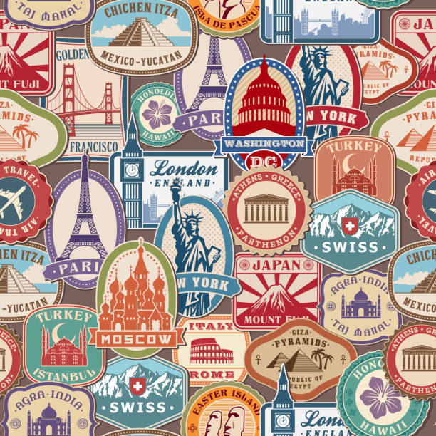 Travel pattern. Immigration stamps stickers with historical cultural objects travelling visa immigration vector textile seamless design Travel pattern. Immigration stamps stickers with historical cultural objects travelling visa immigration vector textile seamless design us cities stamp stock illustrations