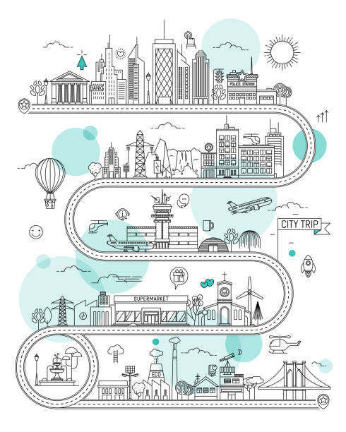 road illustrated map mit stadtgebäuden und verkehrsträgern. vector infografik-design - city line stock-grafiken, -clipart, -cartoons und -symbole