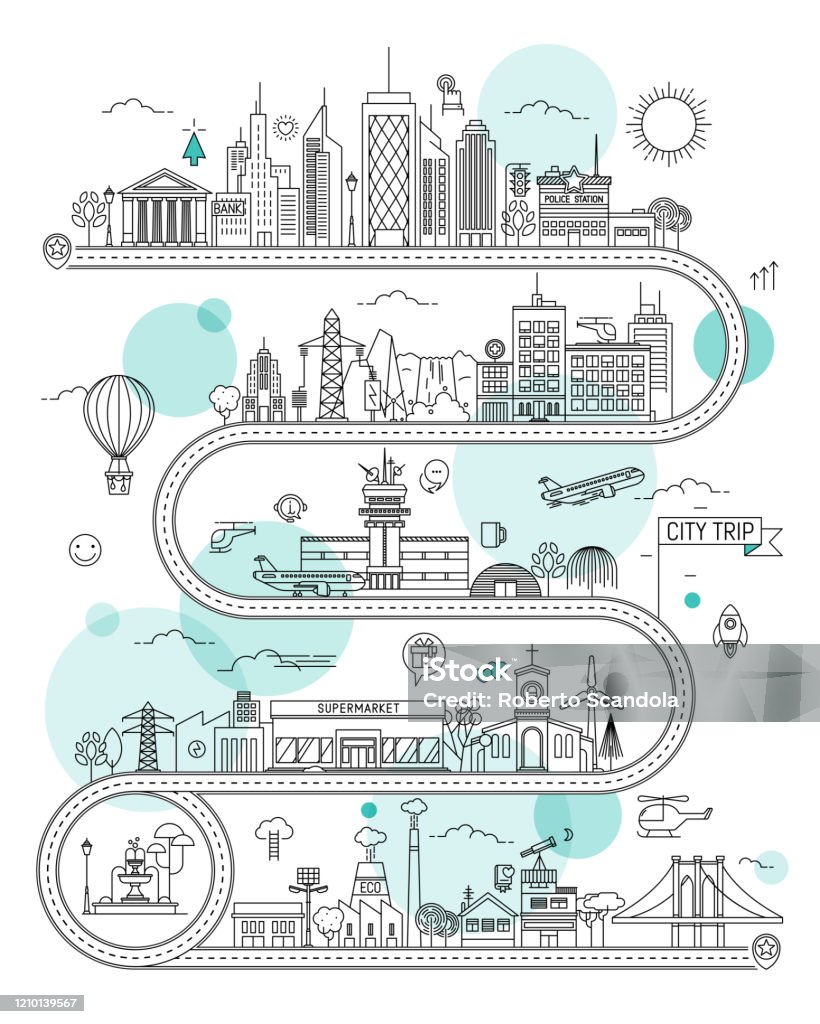 Дорожная иллюстрированная карта с городские здания и транспорты. Векторный инфографика Дизайн - Векторная графика Большой город роялти-фри