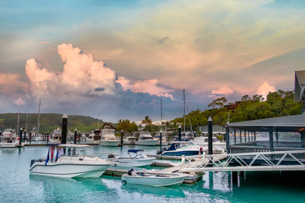The Harbor and boats moored in Hamilton Island, Australia. stock photo