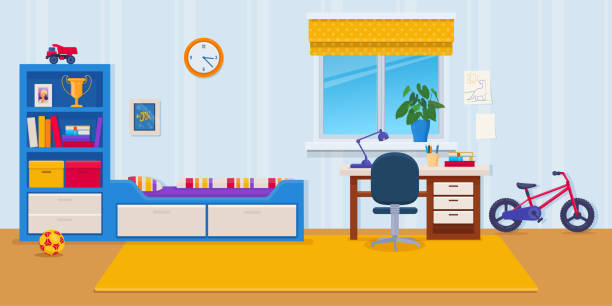 ilustraciones, imágenes clip art, dibujos animados e iconos de stock de ilustración de habitación para niños con juguetes y muebles - domestic room child furniture nobody